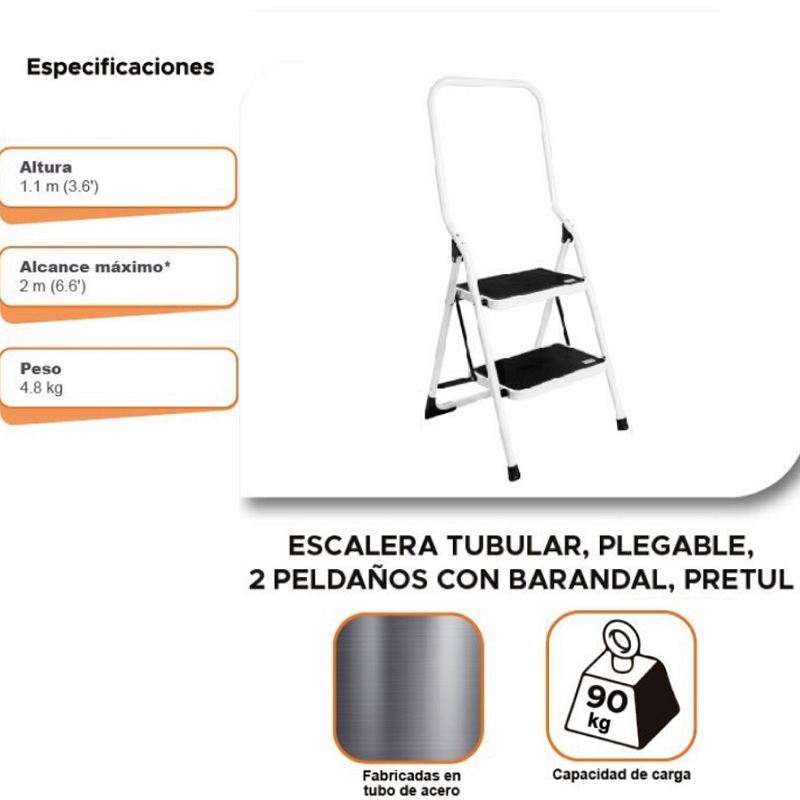 ESCALERA TUBULAR PLEGABLE DE 2 PELDAÑOS CON BARANDAL Uso Domestico-Papelerias-Jardin ESTU-2PB        rdin Pretul 