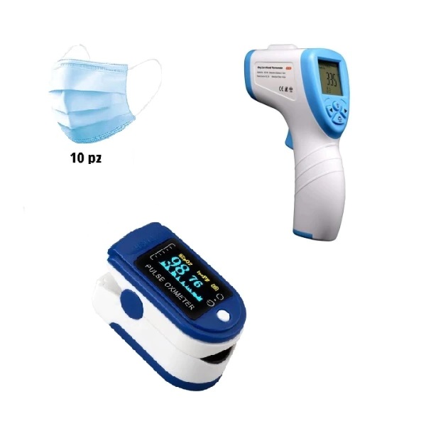 Termómetro digital infrarrojo + Oxímetro de pulso en dedo Deportivo con pantalla LED + 10 cubrebocas tricapa