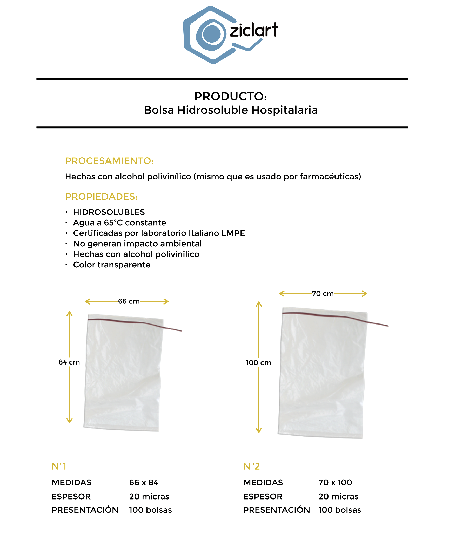 BOLSA HOSPITALARIA GRANDE HIDROSOLUBRE 100 piezas ZICLART