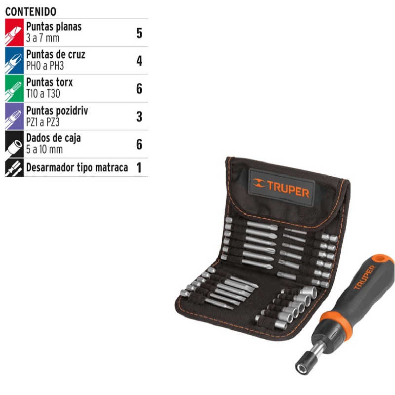 Desarmador Tipo Matraca con 18 Puntas Planas -de Cruz y 6 Dados Milimétricos Estuche para Cinturón JDM-26 TRUPER