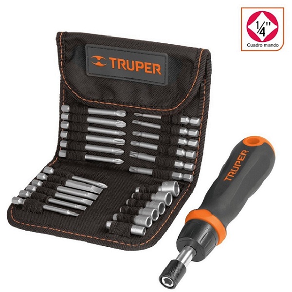 Desarmador Tipo Matraca con 18 Puntas Planas -de Cruz y 6 Dados Milimétricos Estuche para Cinturón JDM-26 TRUPER