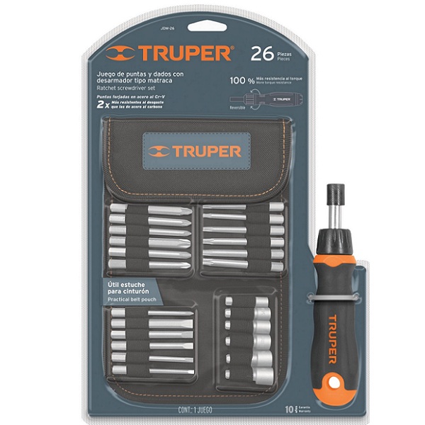 Desarmador Tipo Matraca con 18 Puntas Planas -de Cruz y 6 Dados Milimétricos Estuche para Cinturón JDM-26 TRUPER