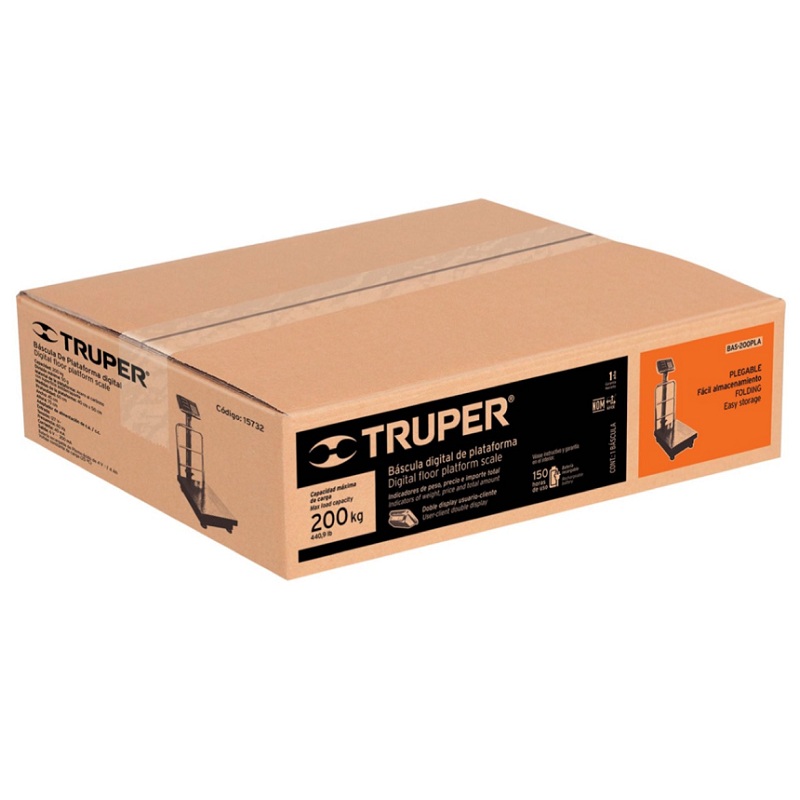 Bascula Comercial de Plataforma 40x50Cm Plegable Electrónica Truper BAS-200PLA hasta 200Kg Calidad Premium Recargable