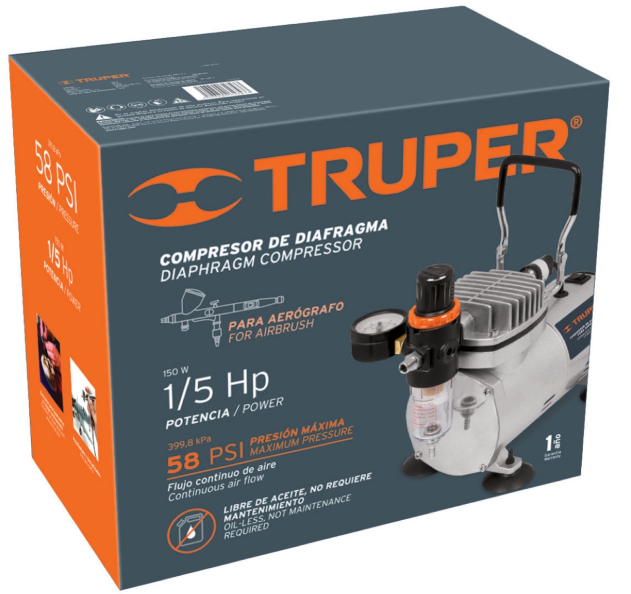 Compresor de diafragma para aerógrafo, 1/5 hp, 110 v Truper COMP-AERO Calidad Premium Aerógrafo