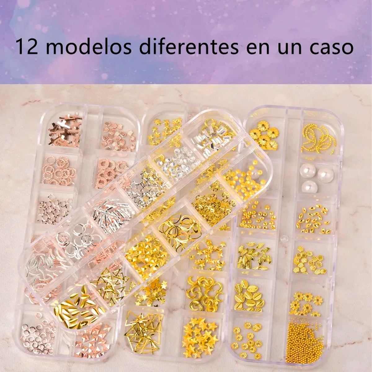 Uñas decoración Set uñas 4 Piezas Dorado Plata Tornasol Bronce 12 Patrones Diferentes .