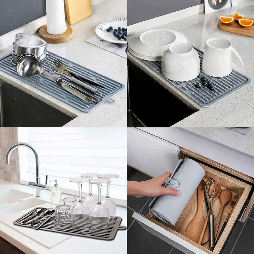 Muelle14 - Escurridor para Platos, Tapete de Silicona resistente al calor 27x20x0.5cm (gris) 