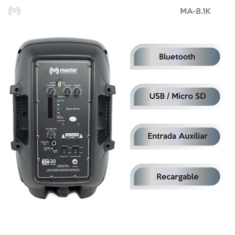 Bafle Portatil de 8 Pulgadas con 5000 Watts 4 Vias Bluetooth Recargable / Master / MA-8.1K