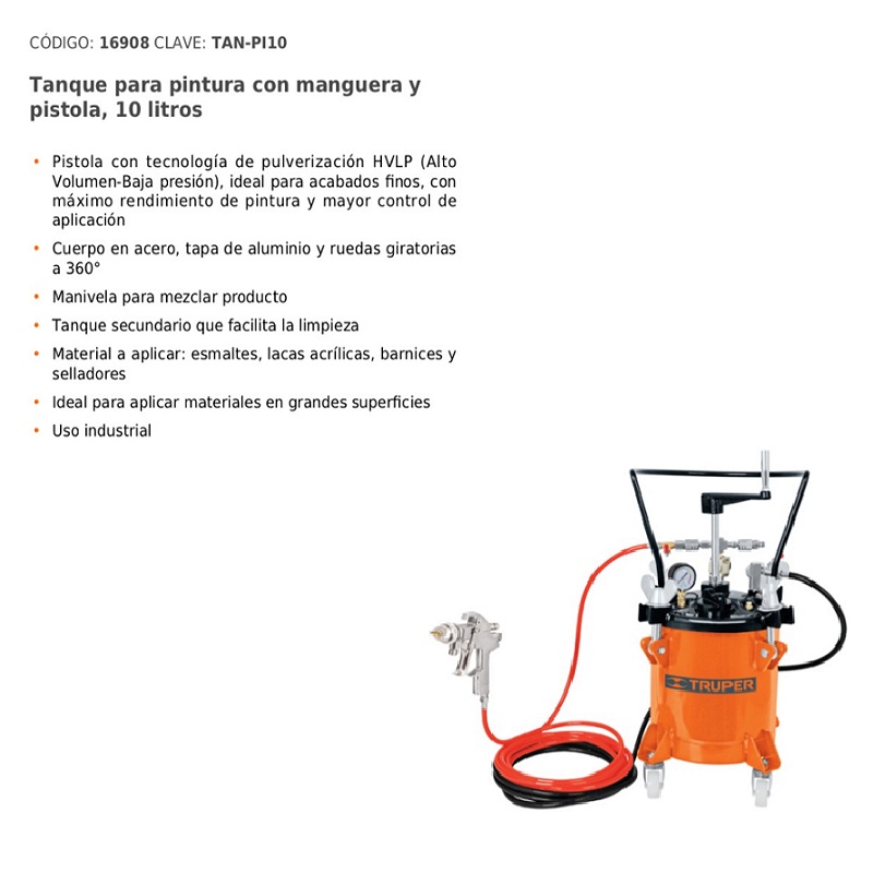 Tanque Compresor Para Pintar de 10 Litros Con Manguera y Pistola para Pintura esmaltes Barnices Selladores Aire Truper Industrial TANPI10