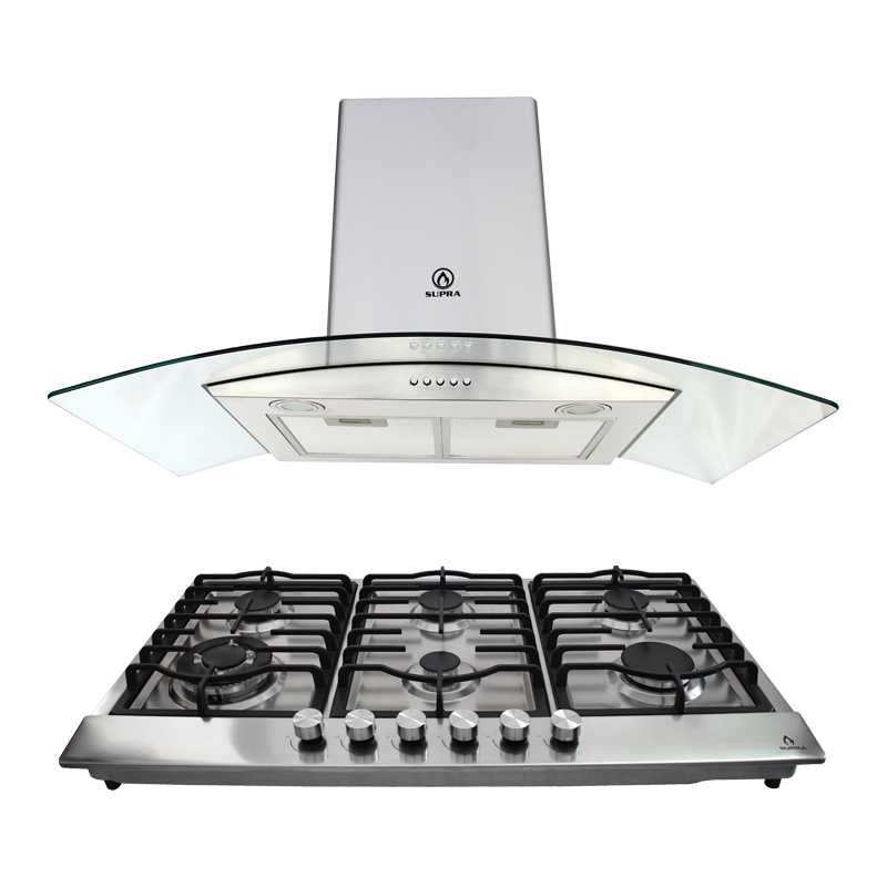 Combo parrilla a gas de 6 quemadores y campana extractora de pared SUPRA DOZZA ambas de 90cm y acero inoxidable