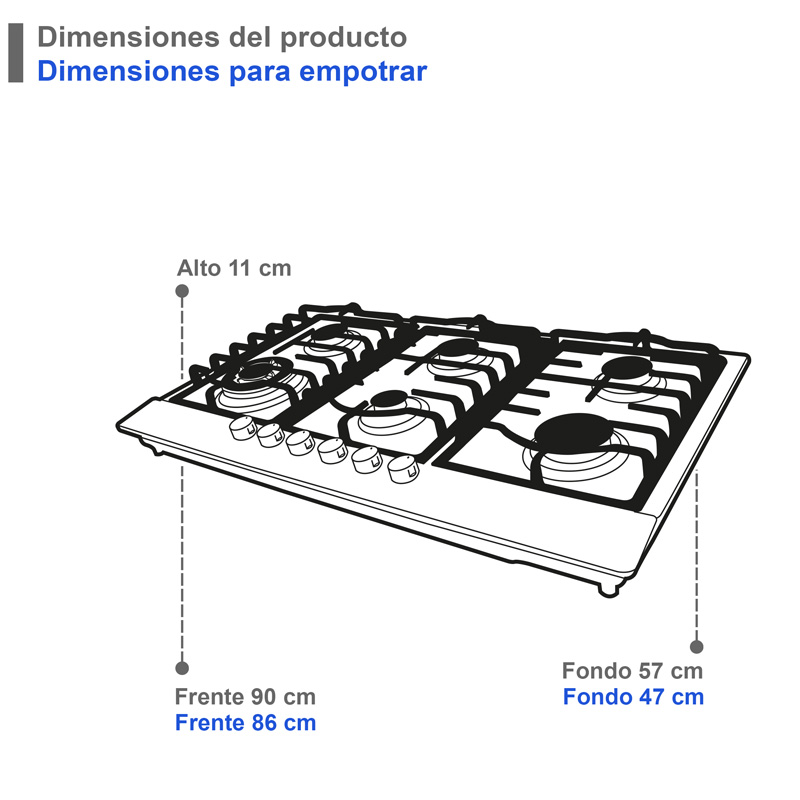 Combo parrilla a gas de 6 quemadores y campana extractora de pared SUPRA DOZZA ambas de 90cm y acero inoxidable