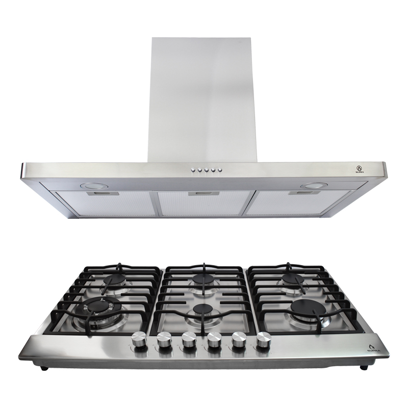 Combo parrilla a gas de 6 quemadores y campana extractora de pared tipo T de 90cm SUPRA PIOMANTE ambas de acero inoxidable