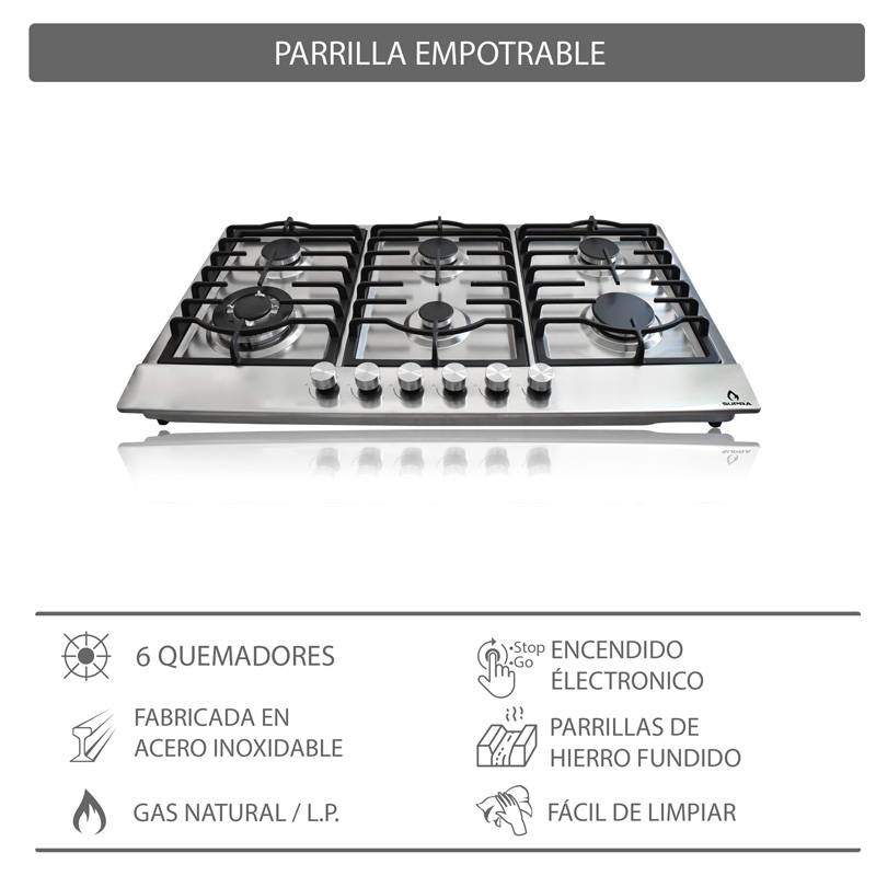 Combo parrilla a gas de 6 quemadores y campana extractora de pared tipo T de 90cm SUPRA PIOMANTE ambas de acero inoxidable