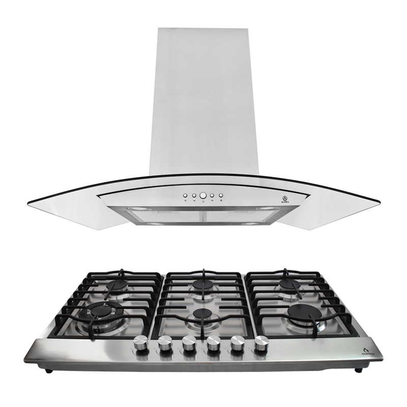 Combo parrilla para gas de 6 quemadores y campana para isla de 90 cm SUPRA VOLTERRA ambas de acero inoxidable