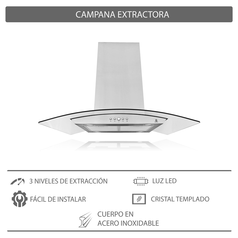 Combo parrilla para gas de 6 quemadores y campana para isla de 90 cm SUPRA VOLTERRA ambas de acero inoxidable