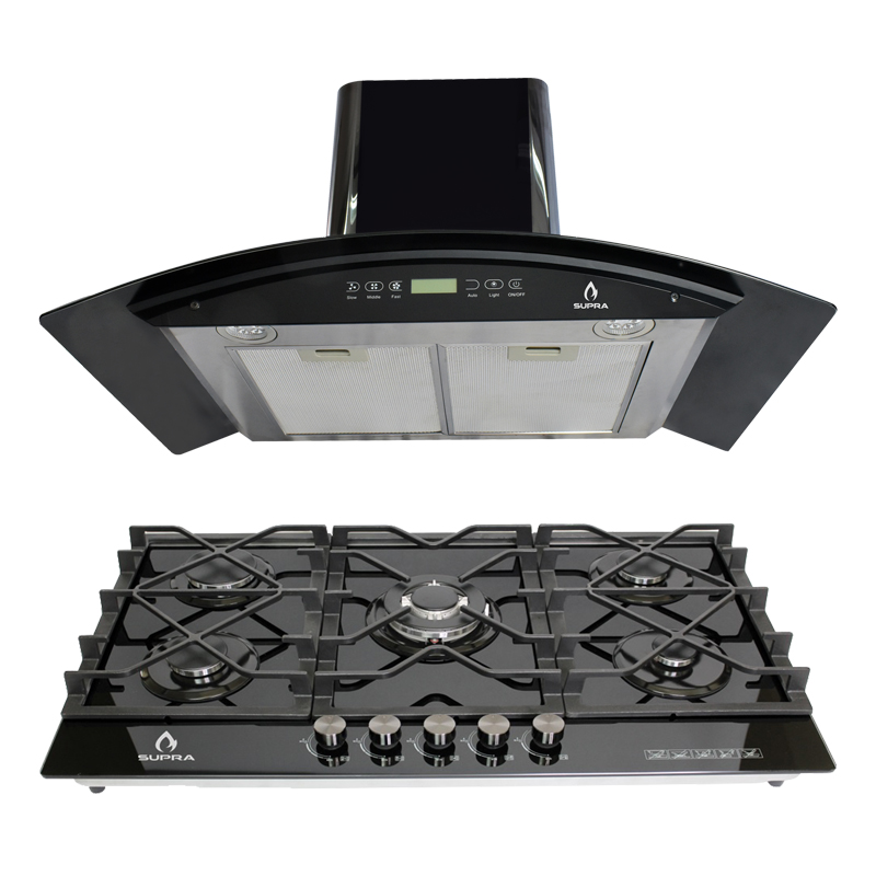 Combo parrilla empotrable de 5 quemadores y campana extractora SUPRA VARENNA parrilla a gas y campana de pared ambos de cristal templado color negro