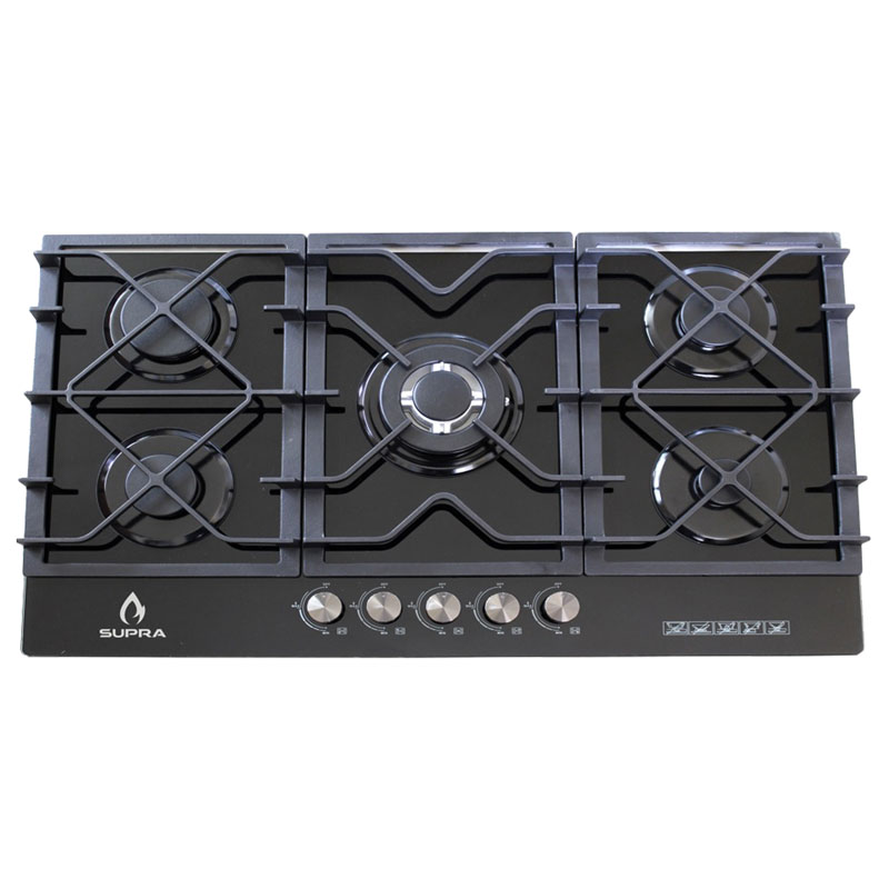 Combo parrilla empotrable de 5 quemadores y campana extractora SUPRA VARENNA parrilla a gas y campana de pared ambos de cristal templado color negro