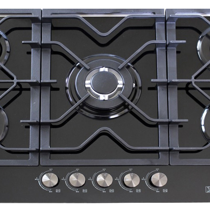 Combo parrilla empotrable de 5 quemadores y campana extractora SUPRA VARENNA parrilla a gas y campana de pared ambos de cristal templado color negro