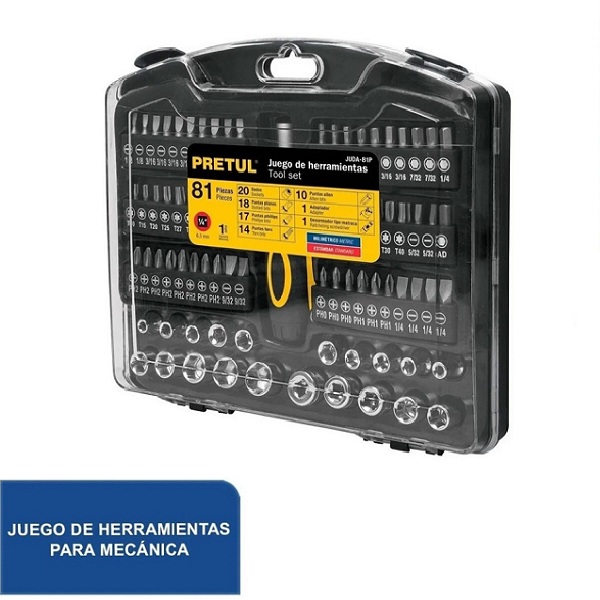 Juego de herramientas para mecánico, 81 piezas, dados-punas desarmador mecanica talleres con Estuche de Plástico JUDA-81P Pretul