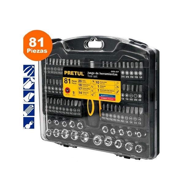 Juego de herramientas para mecánico, 81 piezas, dados-punas desarmador mecanica talleres con Estuche de Plástico JUDA-81P Pretul