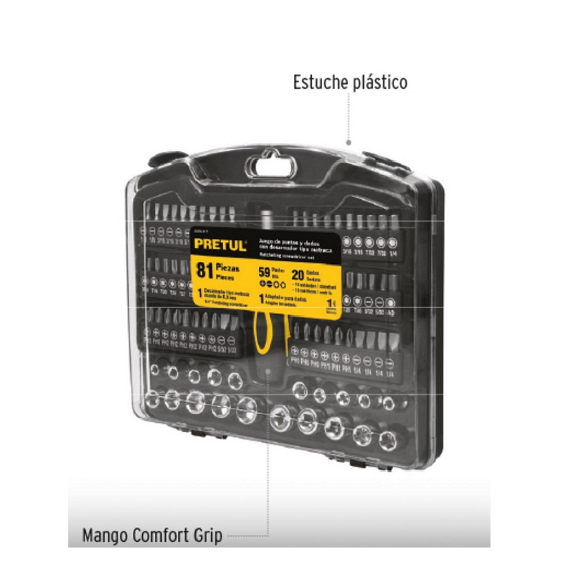 Juego de herramientas para mecánico, 81 piezas, dados-punas desarmador mecanica talleres con Estuche de Plástico JUDA-81P Pretul