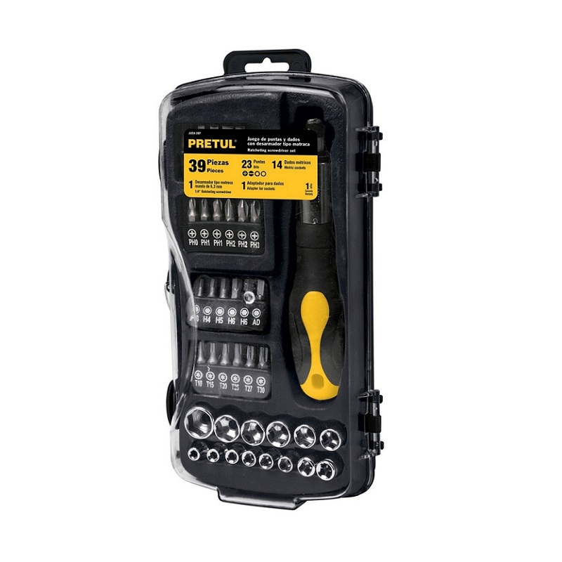 Juego de Matraca Dados y Puntas para mecanico -taller Mango Comfort Grip 39 Piezas JUDA-39P PRETUL