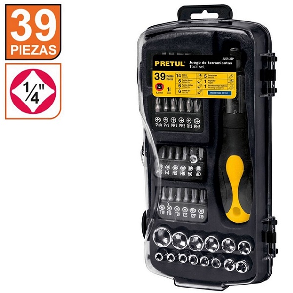 Juego de Matraca Dados y Puntas para mecanico -taller Mango Comfort Grip 39 Piezas JUDA-39P PRETUL