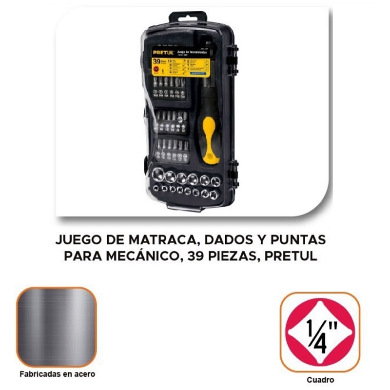 Juego de Matraca Dados y Puntas para mecanico -taller Mango Comfort Grip 39 Piezas JUDA-39P PRETUL