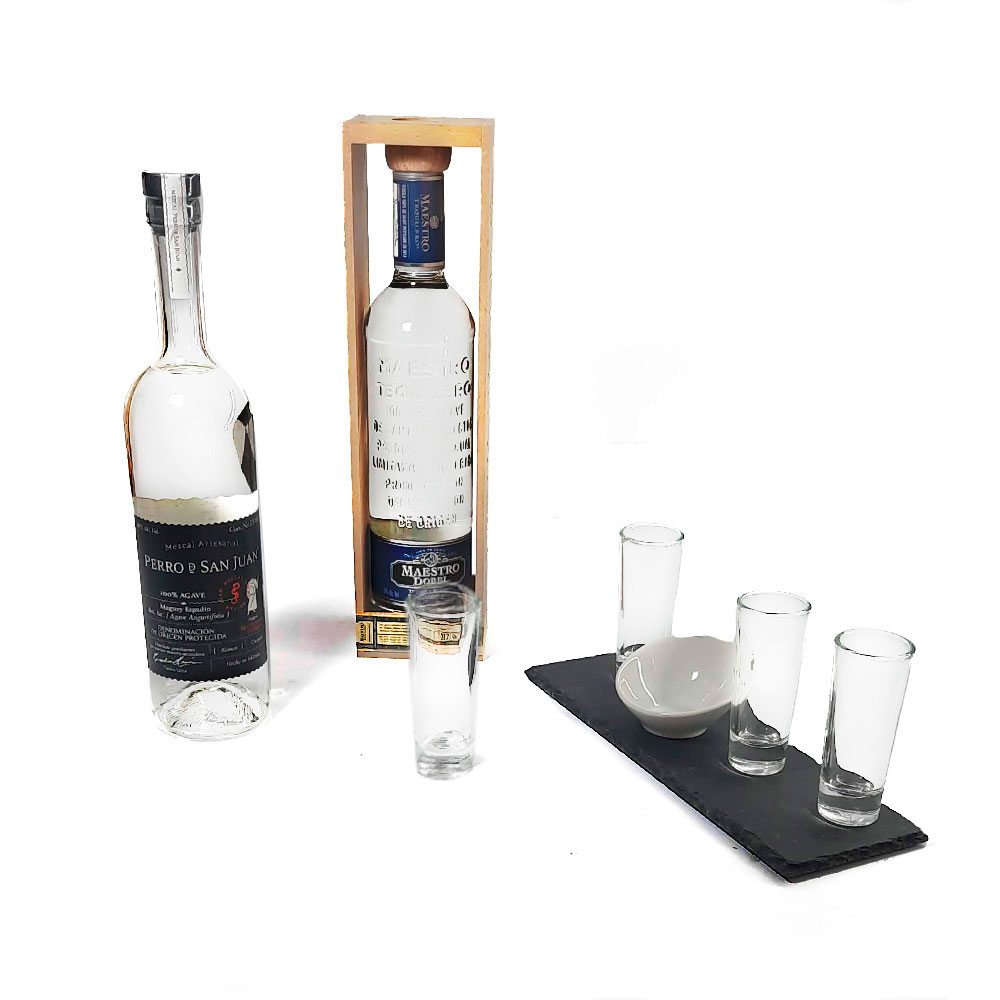 Kit de Mezcal y Tequila blanco con accesorios tequileros