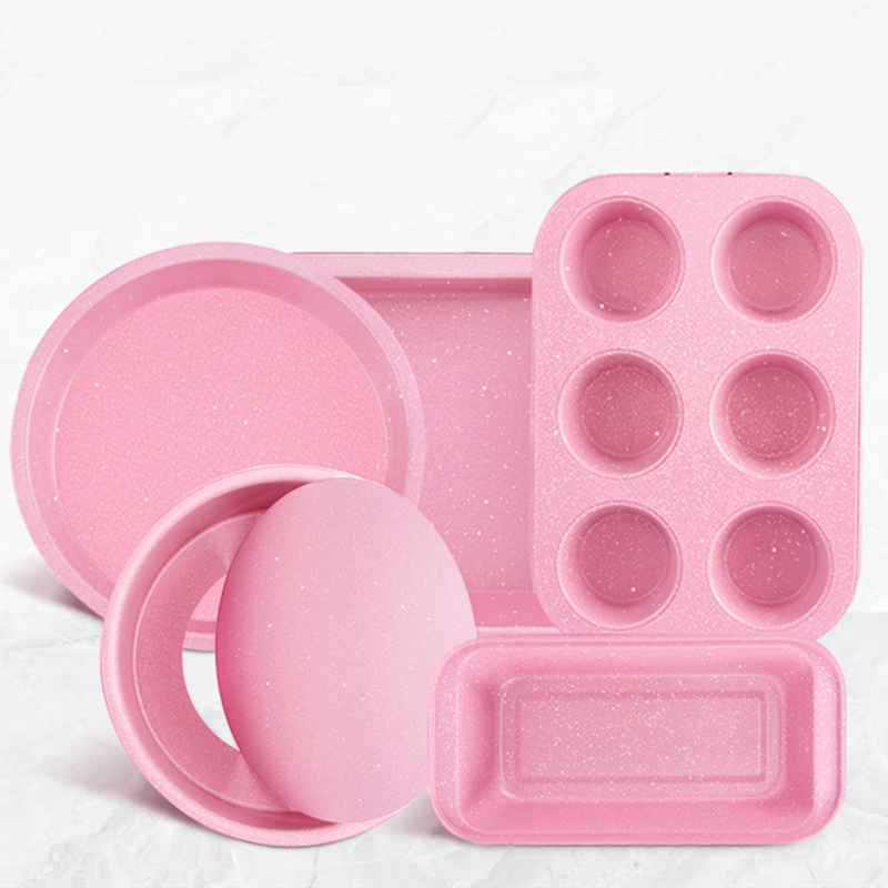 Set 5 moldes antiadherentes para hornear panqué, pizza, pastel, cupcakes, Rosa