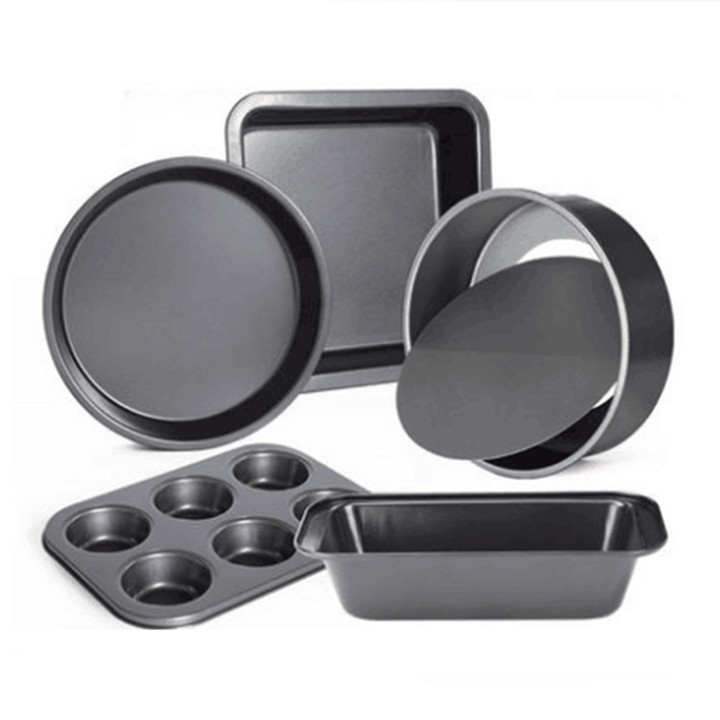 Set 5 moldes antiadherentes para hornear panqué, pizza, pastel, cupcakes, Negro