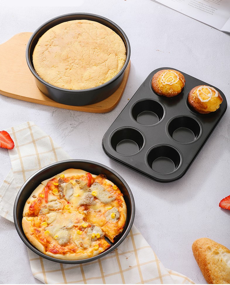 Set 5 moldes antiadherentes para hornear panqué, pizza, pastel, cupcakes, Negro