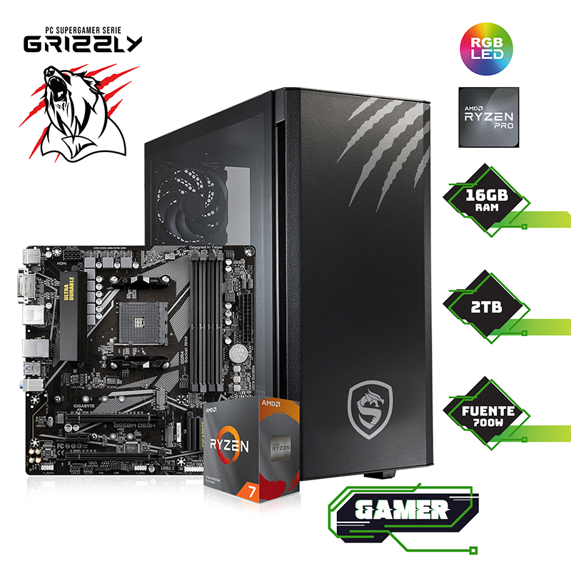 PC Gamer Grizzly Silver Ryzen 7 Pro 4000 Series RAM 32Gb SSD M.2 500Gb + 2Tb Fuente 650W