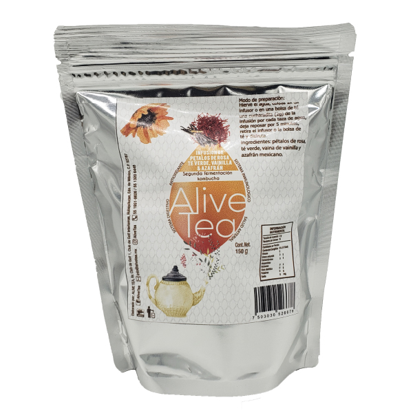 Alive Tea Infusión pétalos de rosa, té verde, vainilla y azafrán, especial para saborizar la segunda fermentación de kombucha o para disfrutarlo como infusión 150g