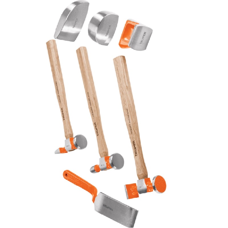Juego de Martillos y Entibadores para Hojalatero auto ,7 piezas mango de 33 cm incluye estuche JM-HO TRUPER