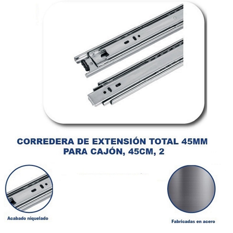 Par de Correderas Para Cajon de extensión total de 45mm x 45cm Para escritorios Muebles y Armarios Hermex COR-445 
