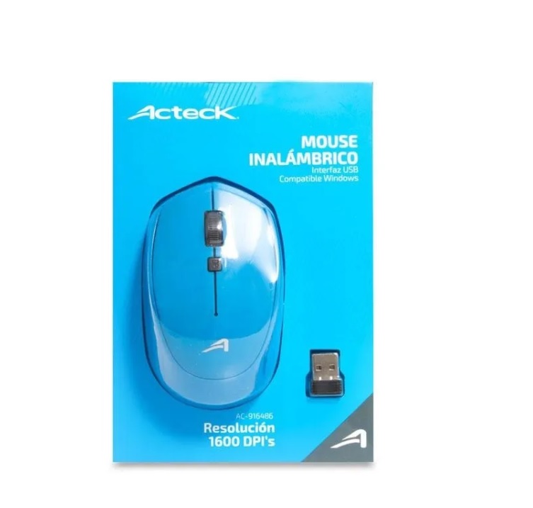 MOUSE INALAMBRICO USB AZUL PC LAP OFICINA PORTATIL WINDOWS ESTANDAR AC-916486 1600 DPI 10 METROS ESCUELA