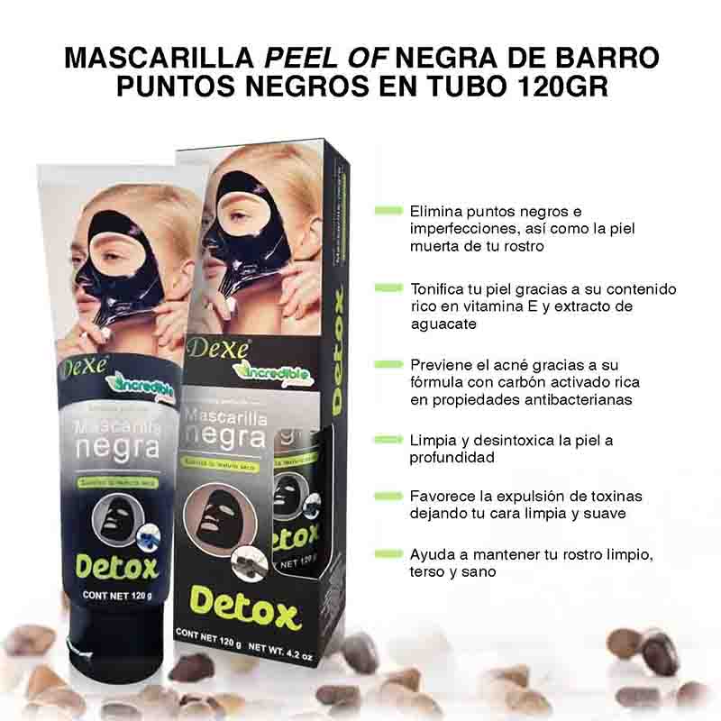 Mascarilla Peel-of Negra De Barro con Carbón Activado Puntos Negros En Tubo Dexe 120g.