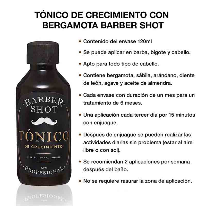 Tratamiento Bergamota Tónico para Crecimiento Barba Cabello Barber Shot 120ml.