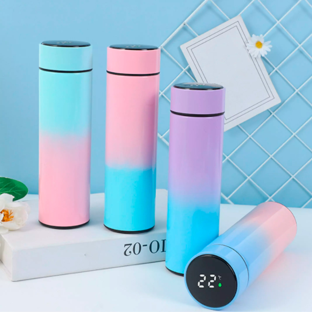 Termo Inteligente Botella Agua Vaso Térmico para Café y Bebidas Acero Inoxidable 500ml (Verde-Rosa)