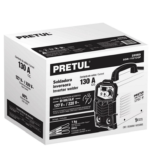 Soldadora inversora, 130A, Bi-voltaje 127/220V Ligera y compacta ,soldaduras de electrodos revestido (SMAW) y tungsteno (TIG)SOIN-110/130P PRETUL