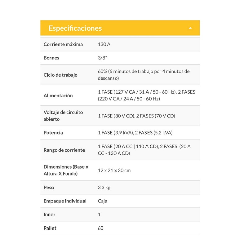 Soldadora inversora, 130A, Bi-voltaje 127/220V Ligera y compacta ,soldaduras de electrodos revestido (SMAW) y tungsteno (TIG)SOIN-110/130P PRETUL