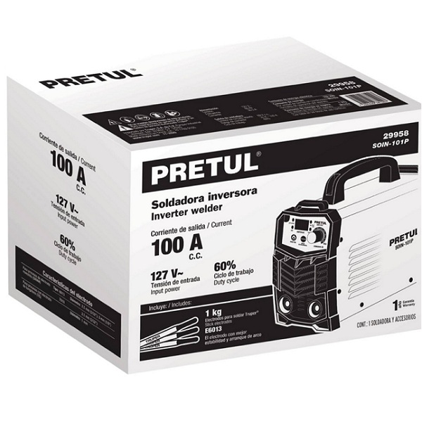 Soldadora inversora, mini 100A, 127 V  Ligera y compacta soldaduras de electrodos revestido (SMAW) y tungsteno (TIG)SOIN-101P PRETUL 