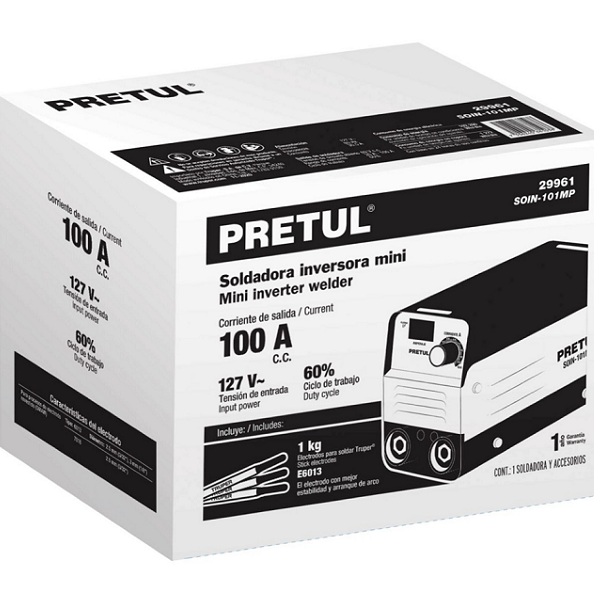Soldadora inversora mini Ligera y Compacta , 100A, 127V  soldaduras de electrodos revestido (SMAW)SOIN-101MP PRETUL 