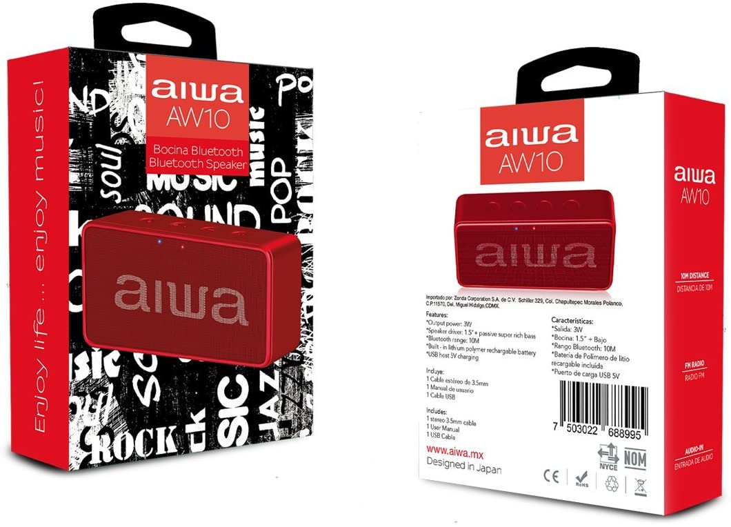 AIWA Bocina Portátil Bluetooth AW10 | Recargable | USB | Radio FM | ROJA