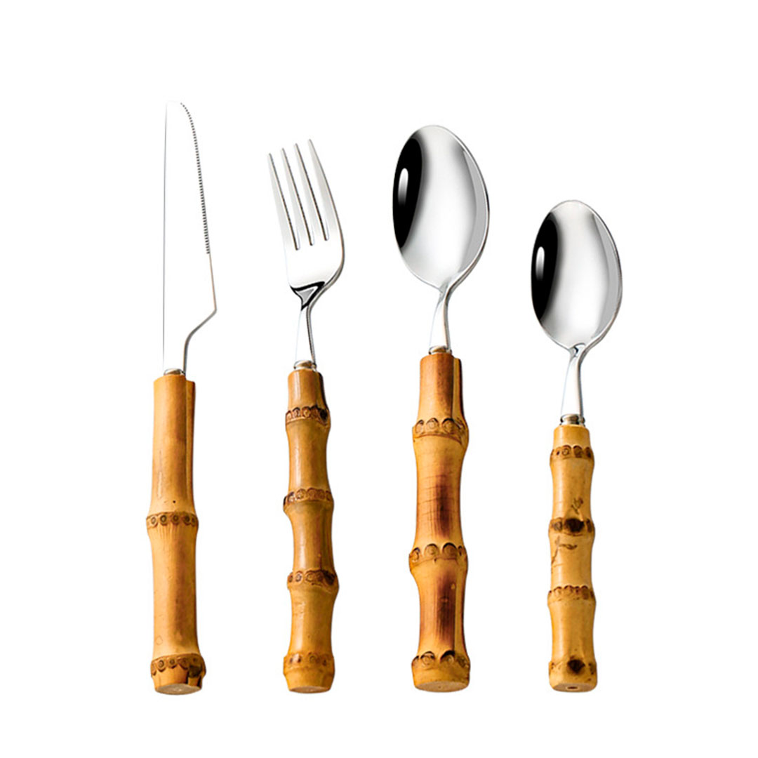 Juego de Cubiertos con Mango de Bambú  con Caja Organizadora