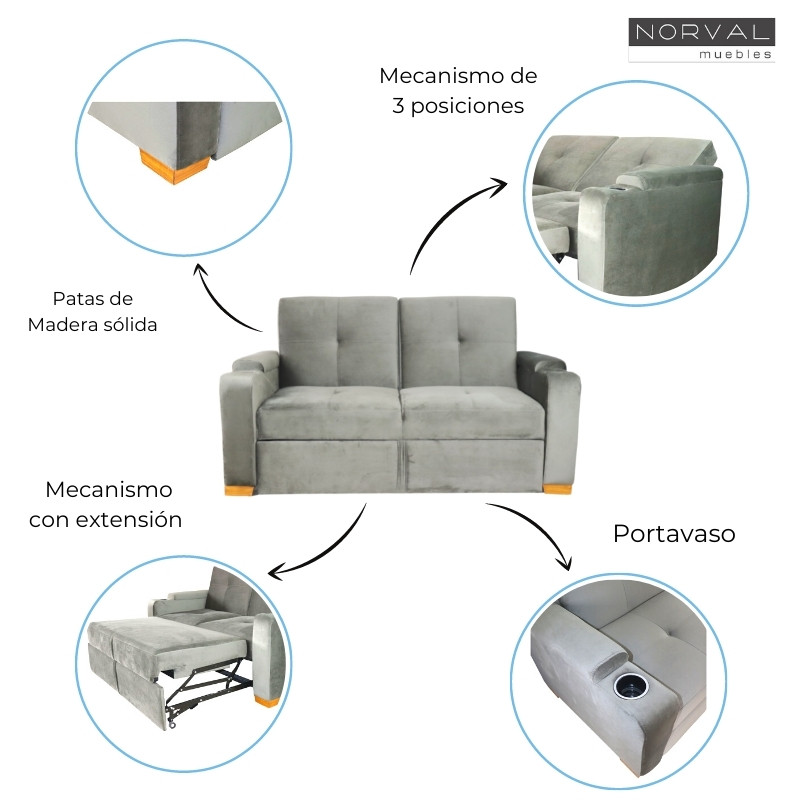 Sofá Love Seat Cama Reclinable Tres Posiciones Patas de Madera Terciopelo Gris