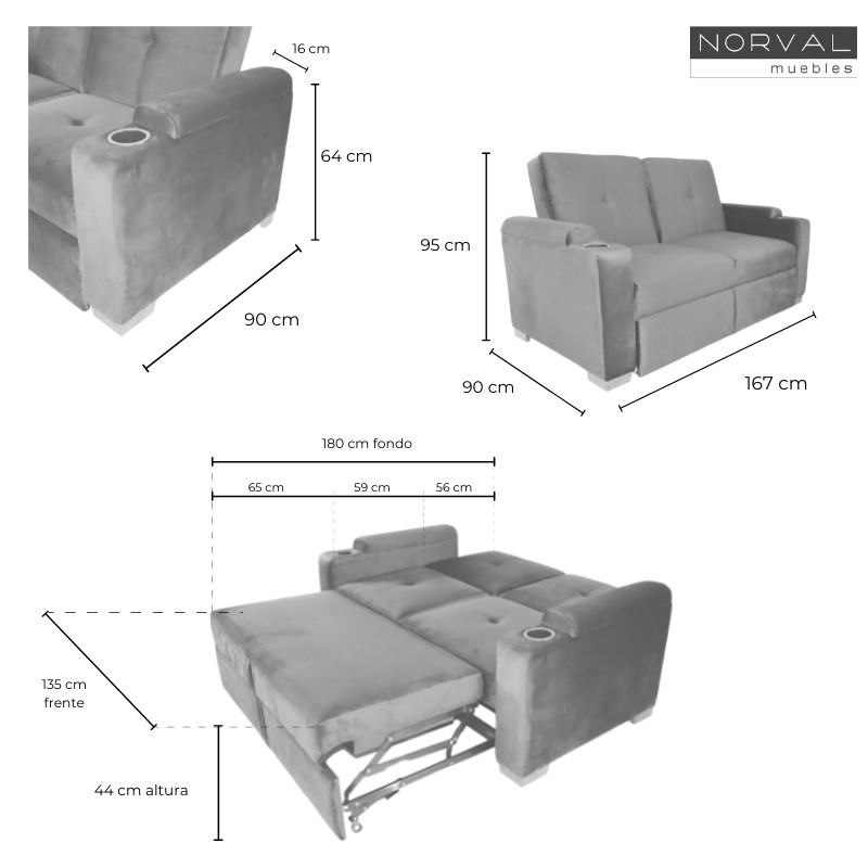 Sofá Love Seat Cama Reclinable Tres Posiciones Patas de Madera Terciopelo Gris