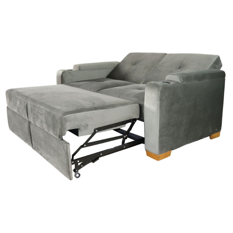 Sofá Love Seat Cama Reclinable Tres Posiciones Patas de Madera Terciopelo Gris
