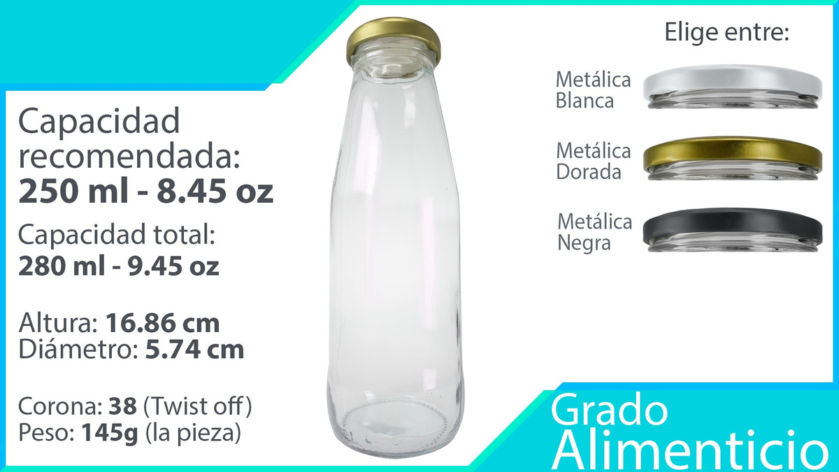 Botella De Vidrio 250 Ml 8.45 Oz 36 Pz Jugo Bebidas Leche