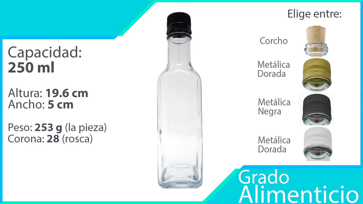 Botella De Vidrio 250 Ml 1 Pz Tapa Corcho O Rosca Bebidas